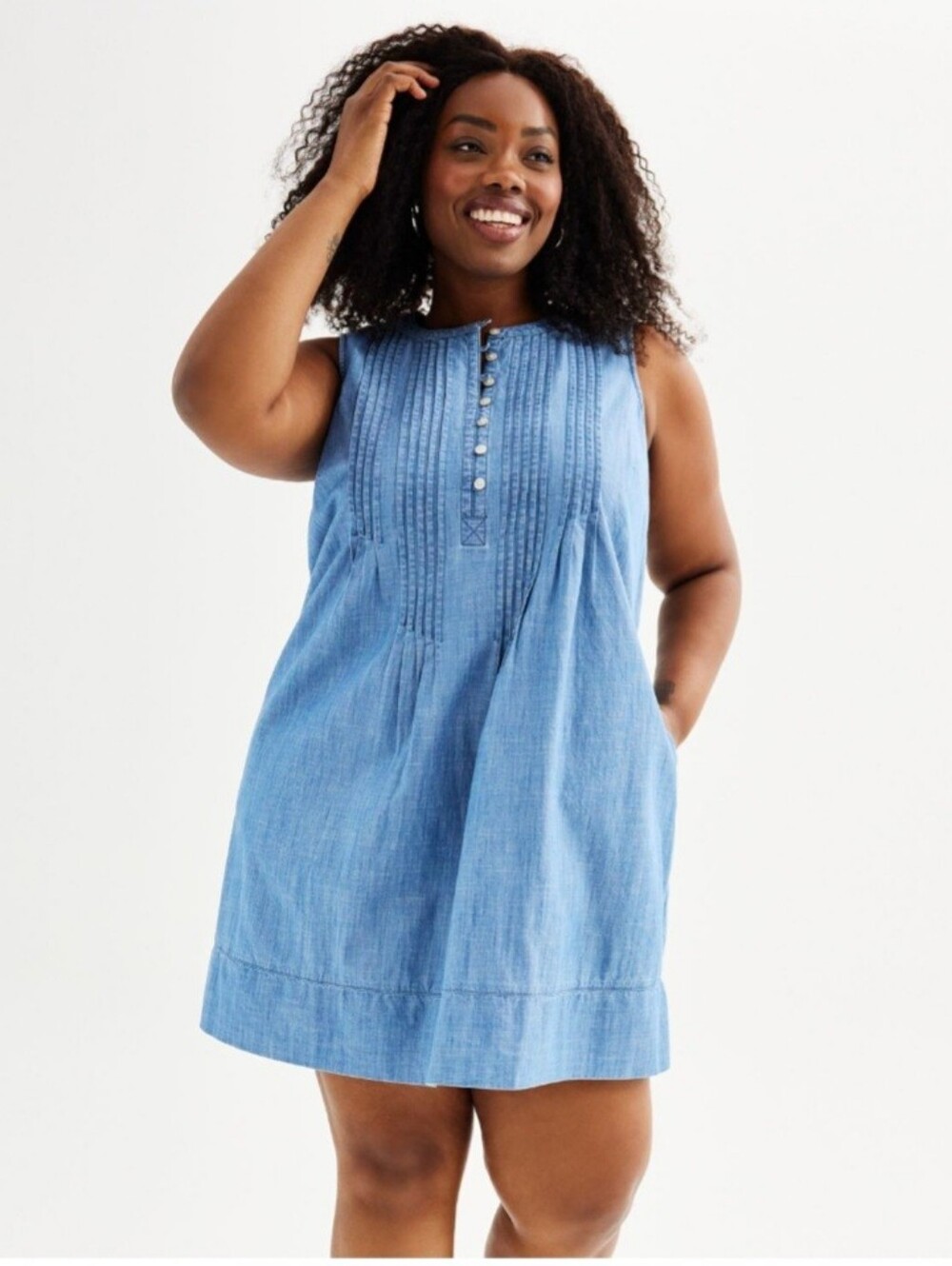 Denim Cotton Chambray Pintucked Dress With Pockets Casual Cool Easy Summer 0X